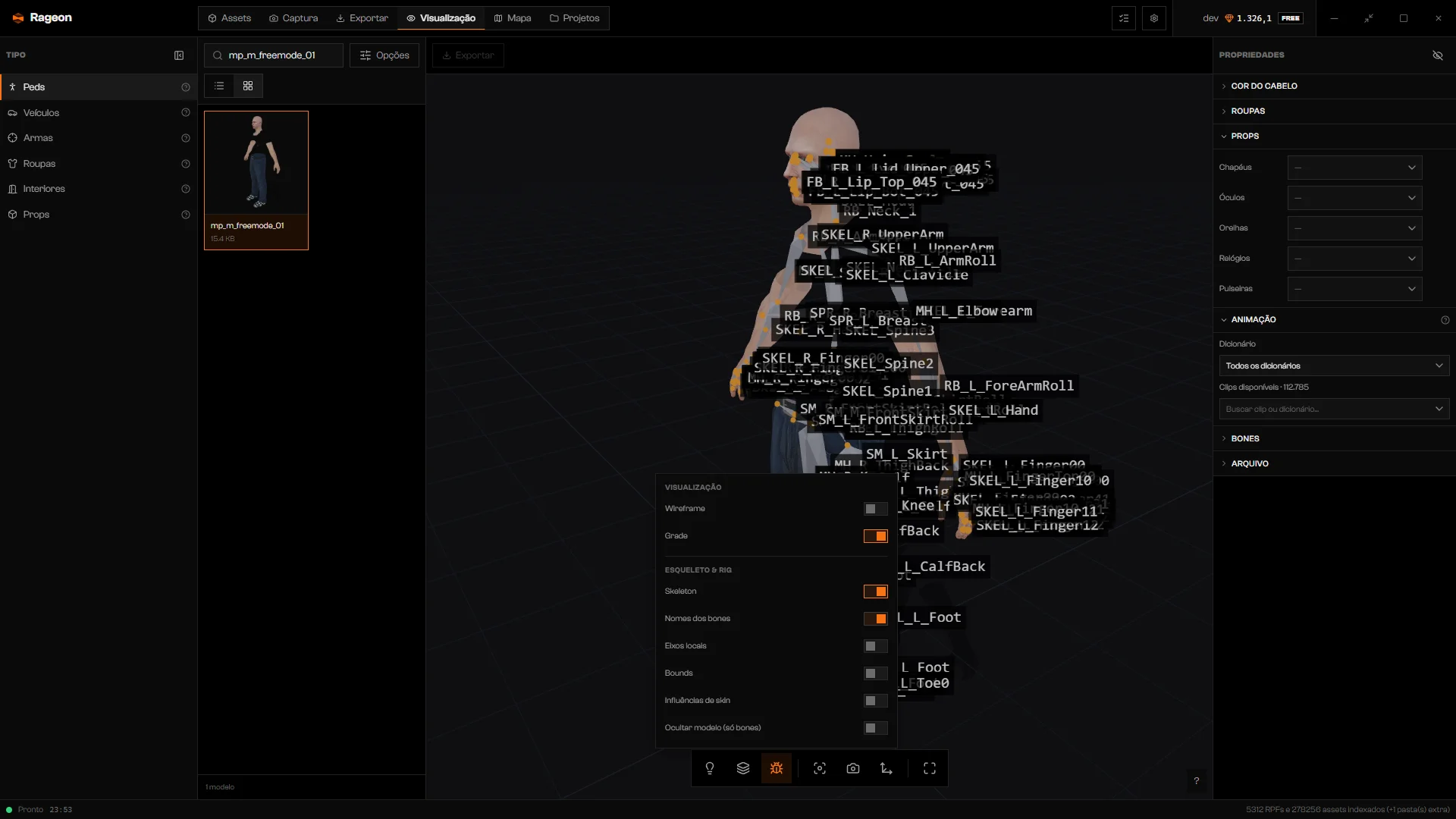 Popover de Debug aberto, com o esqueleto e os nomes dos bones desenhados sobre o ped