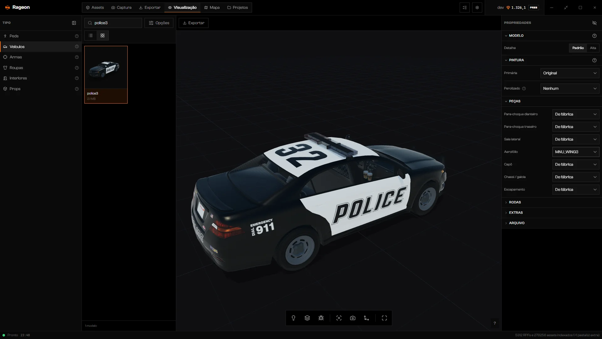 police3 com o slot Aerofólio em Peças definido como MNU_WING3
