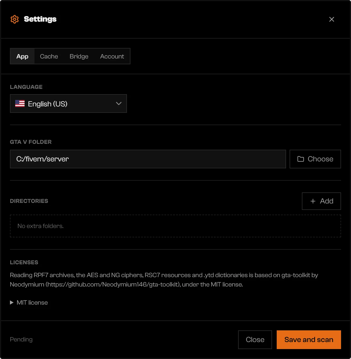 Settings App tab with Language, GTA V folder, Directories, and Licenses