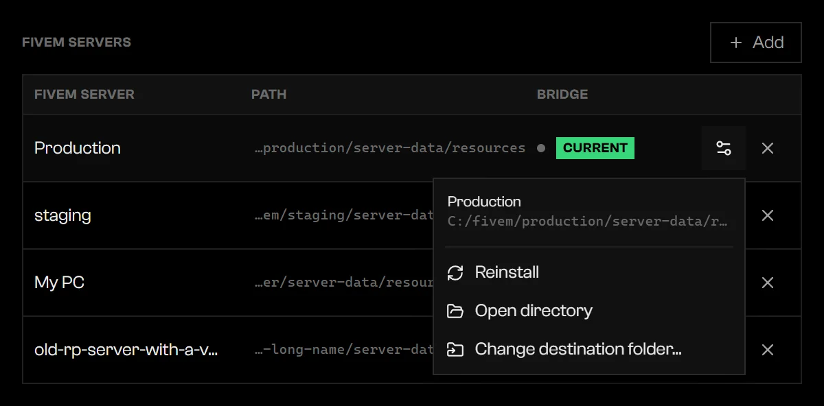 Actions menu with Install, Open directory, and Change destination folder
