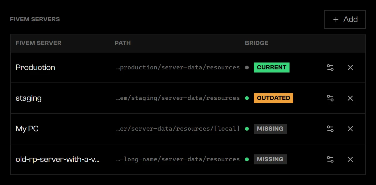 Settings Bridge tab listing FiveM servers with name, path, bridge state, actions, and remove
