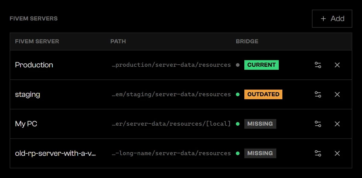 Settings Bridge tab listing FiveM servers with name, path, bridge state, actions, and remove