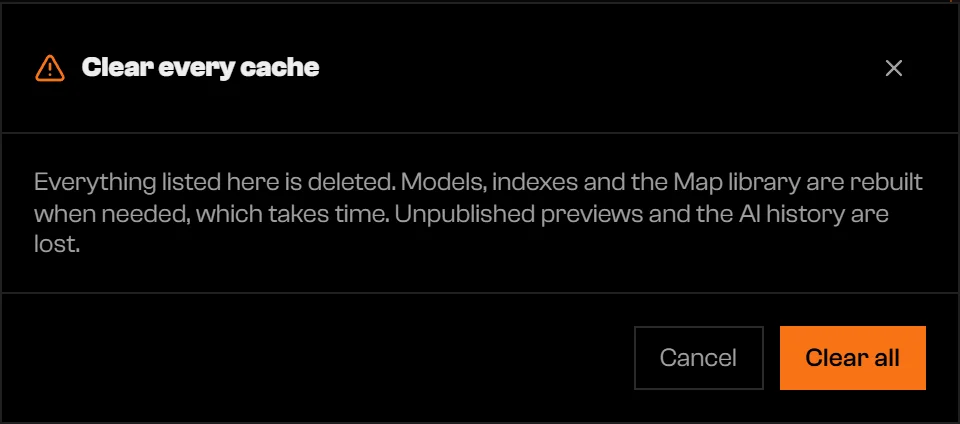 Clear every cache confirmation with Cancel and Clear all buttons