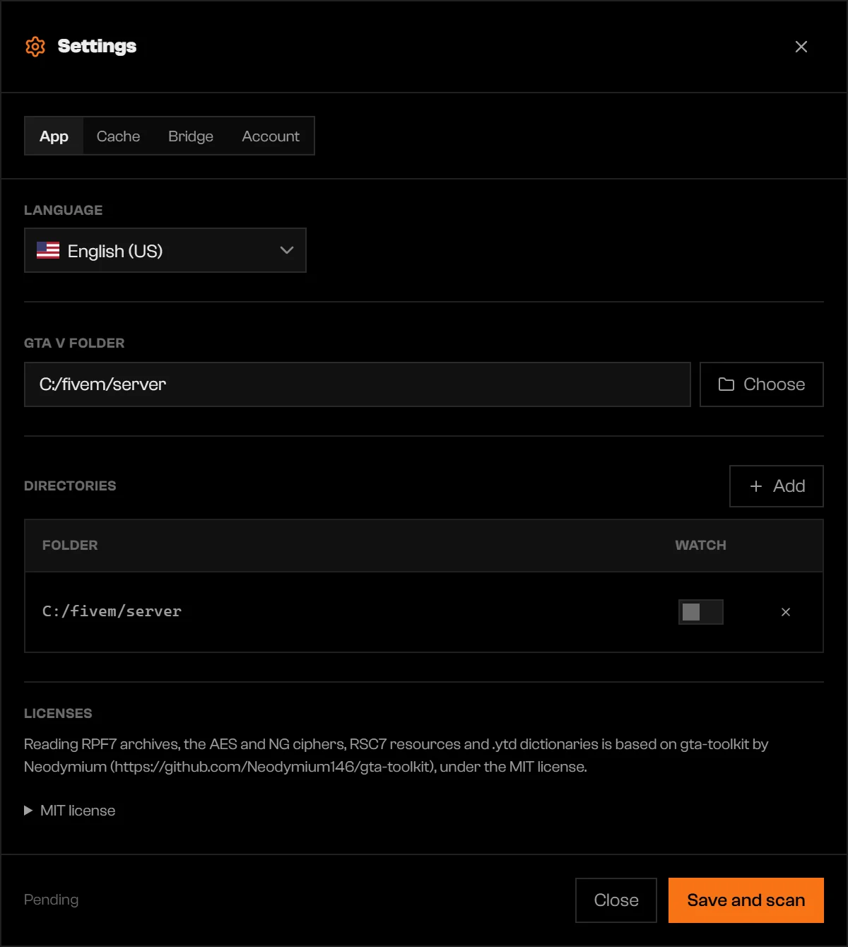 Directories list with a folder path, a Watch switch, and a remove button