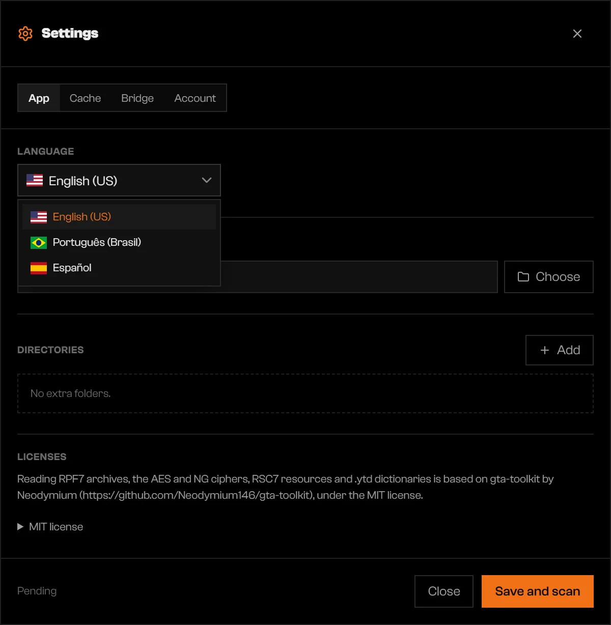 Language list with English (US), Português (Brasil), and Español