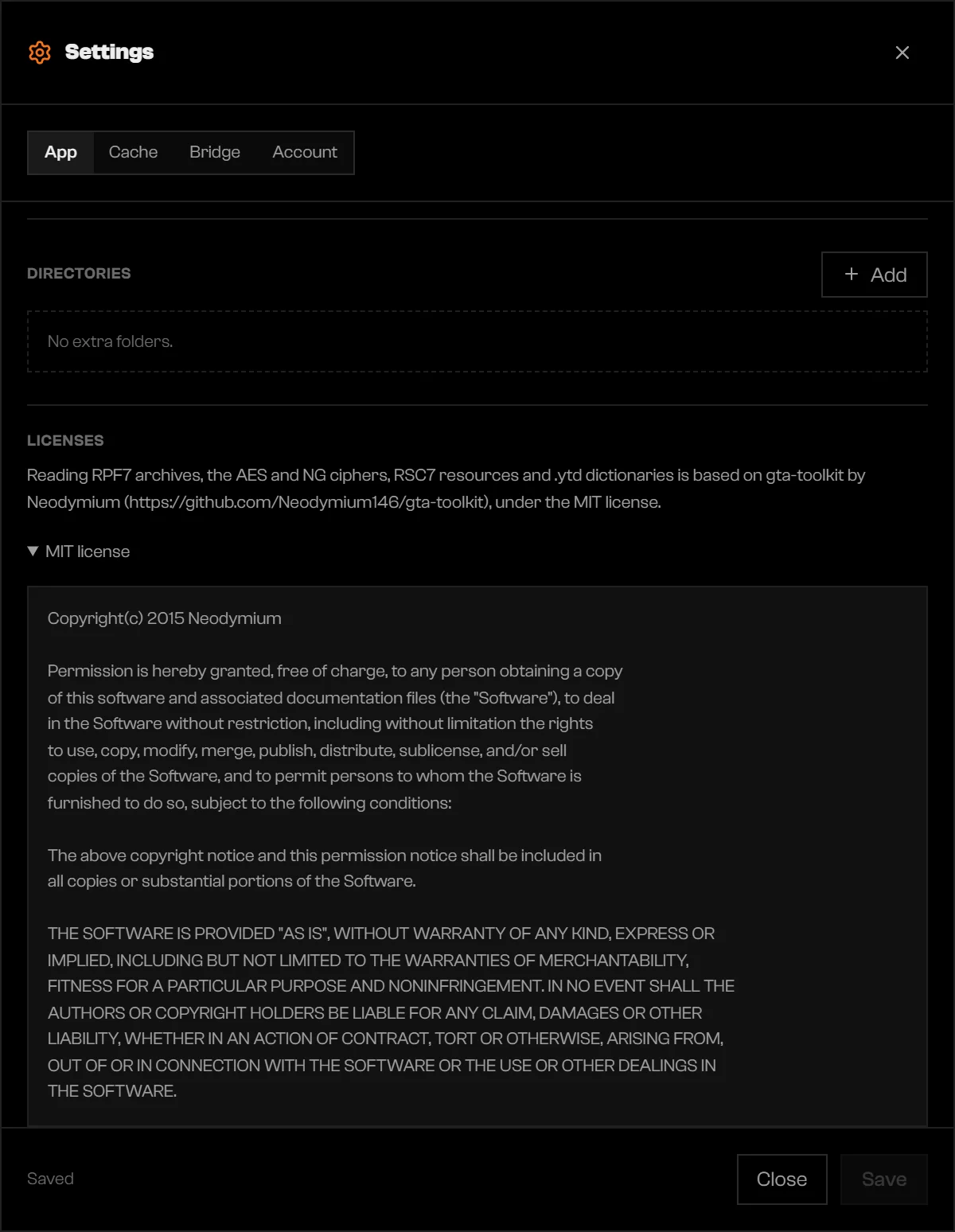 Licenses section with the MIT license text open