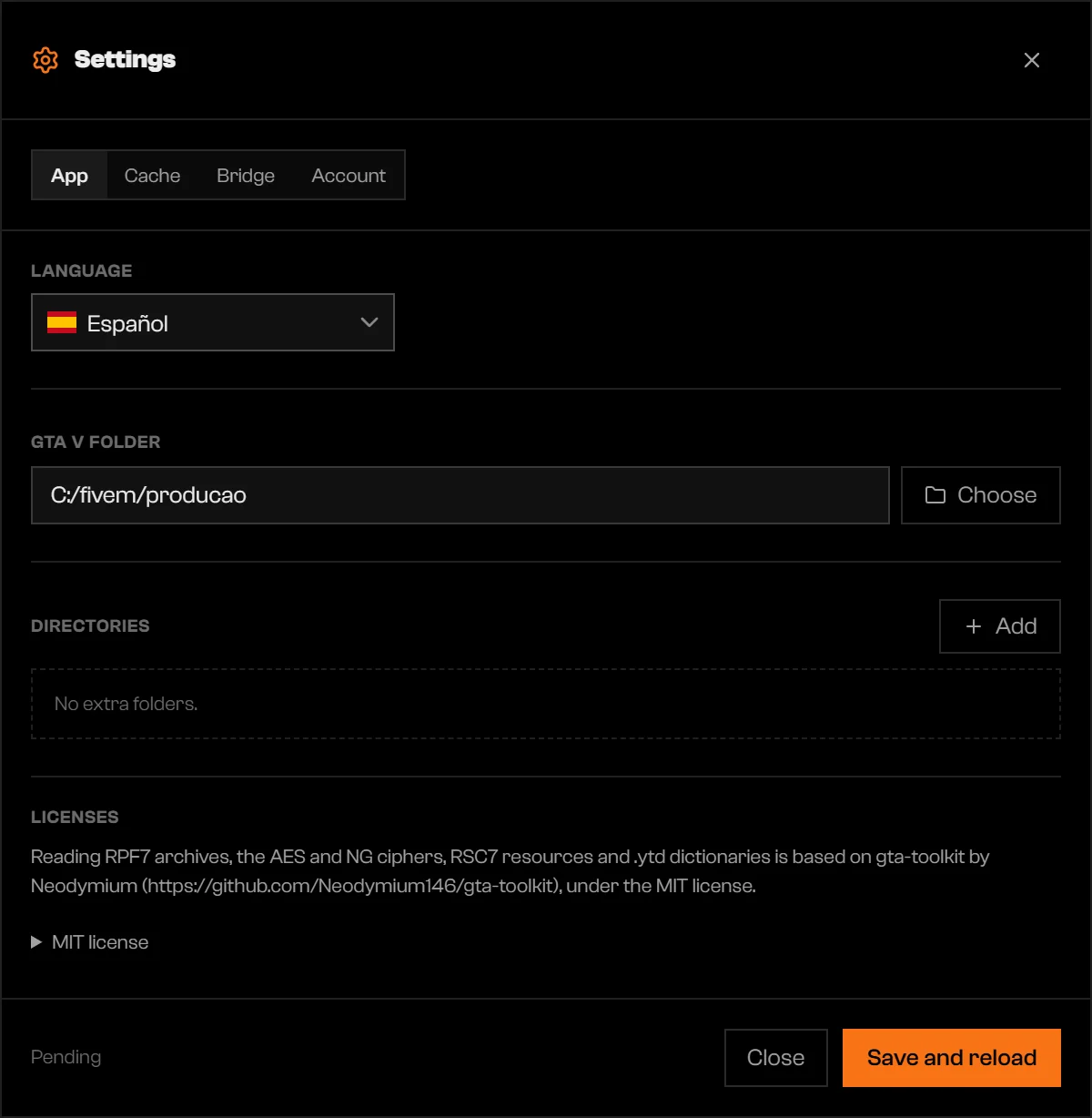 Settings App tab with Español selected and a Save and reload button