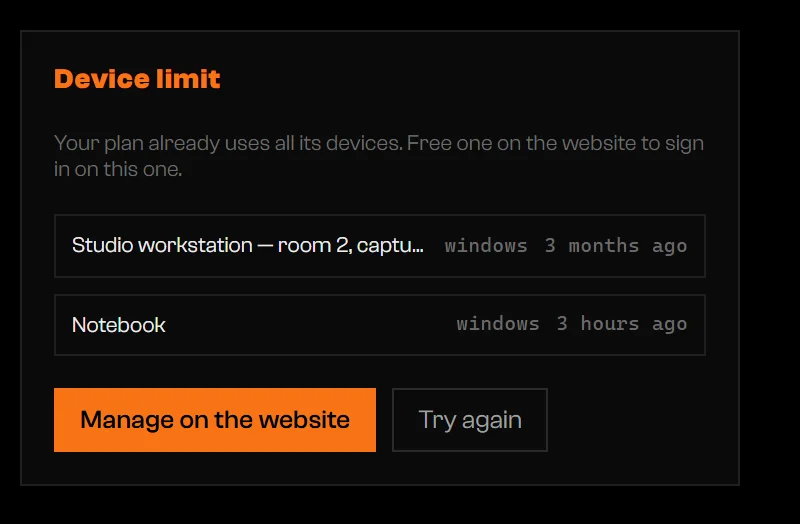 Device limit screen listing two devices with Manage on the website and Try again buttons