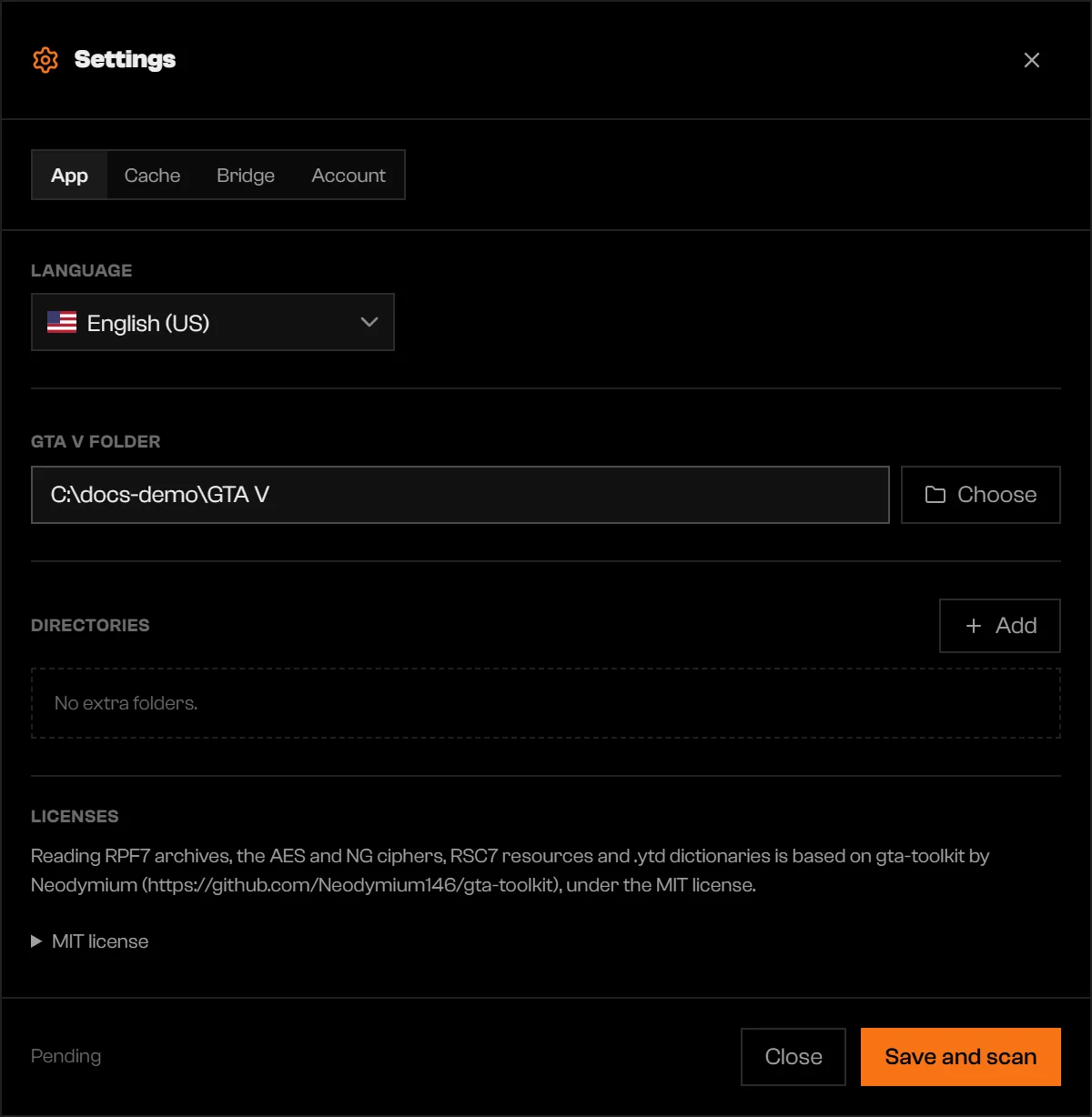 Settings App tab with a changed GTA V folder, Pending in the footer, and a Save and scan button