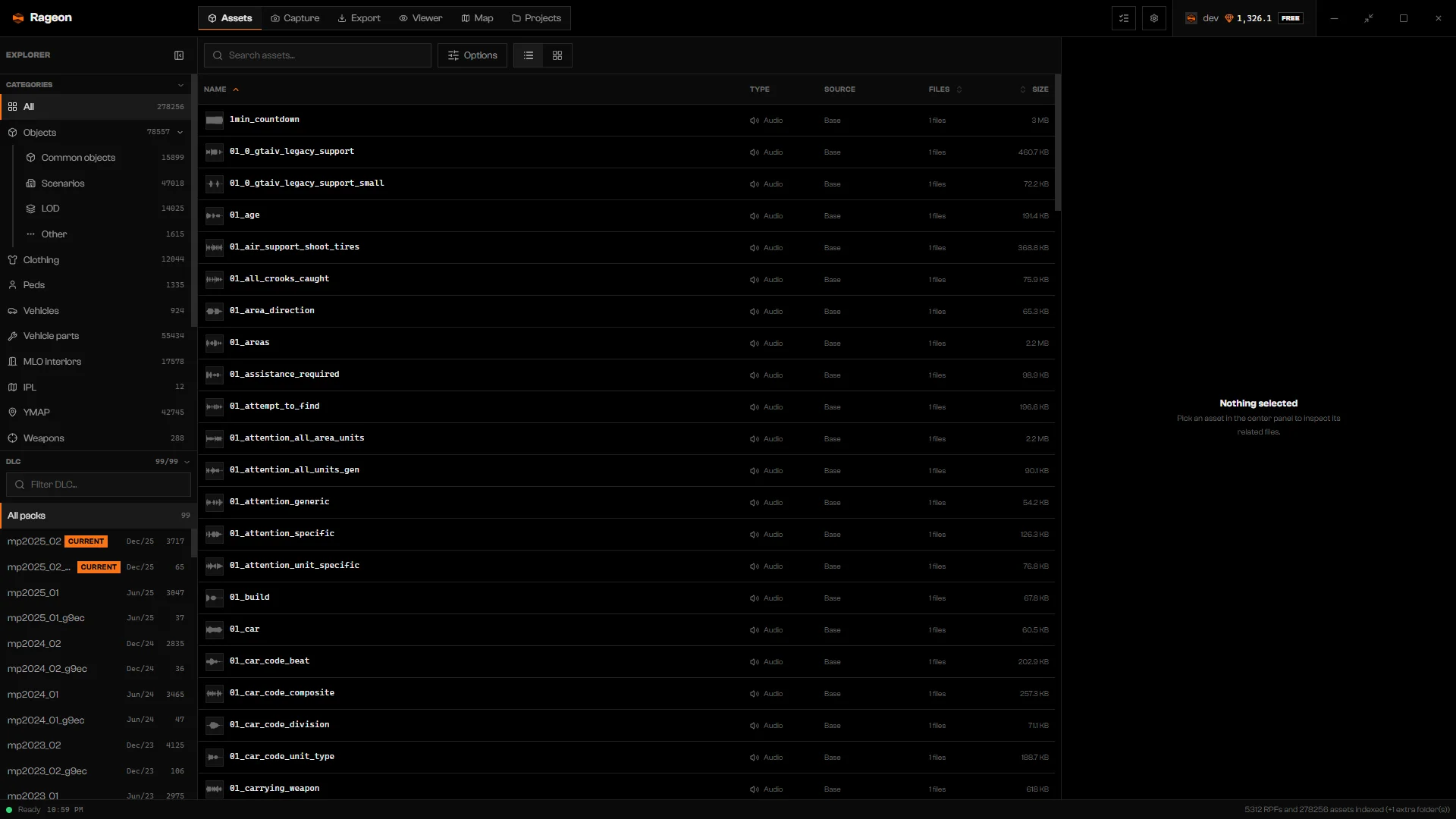 Rageon window on the Assets tab with the tab bar, the asset catalog, and a status bar reading Ready