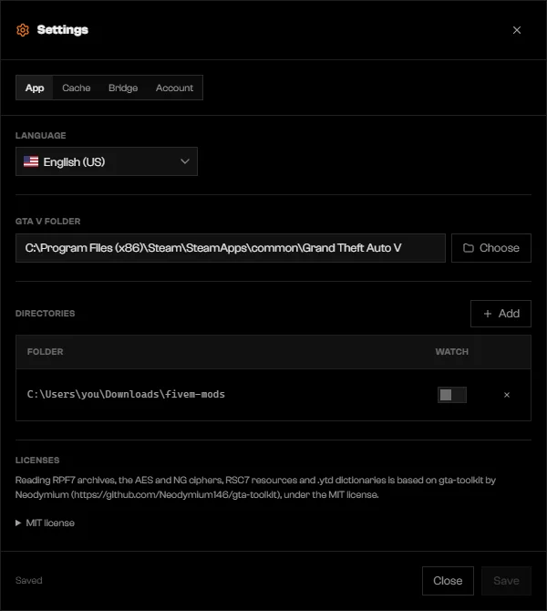 Settings dialog on the App tab with Language, GTA V folder, and Directories