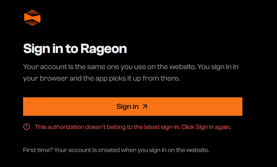 Sign in screen with a red line saying This authorization doesn't belong to the latest sign-in