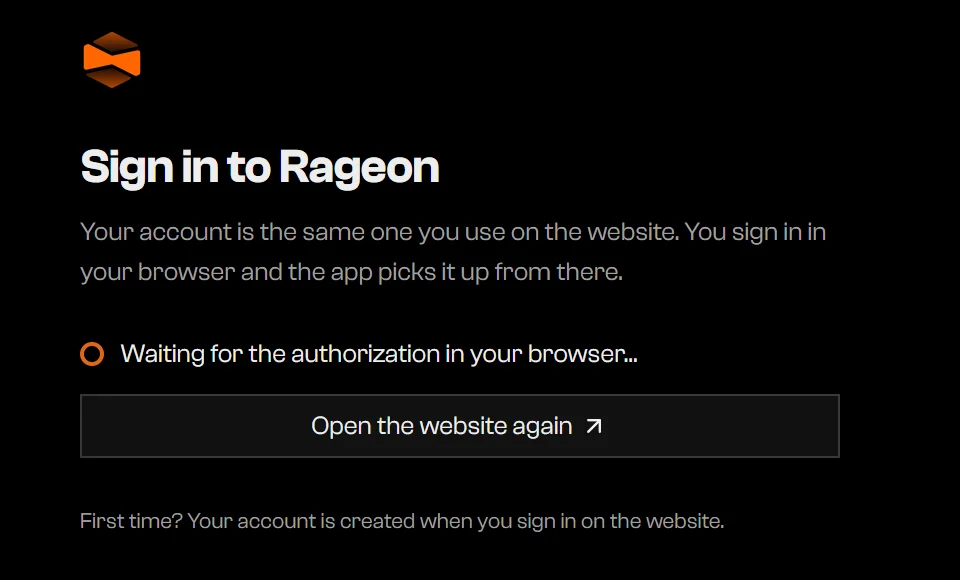 Sign in screen reading Waiting for the authorization in your browser, with an Open the website again button