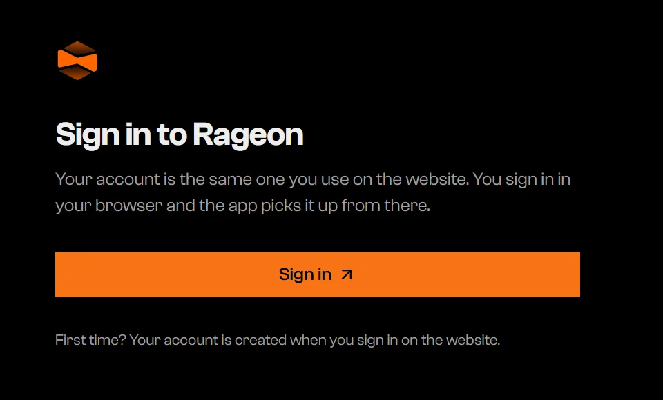 Sign in to Rageon screen with a Sign in button
