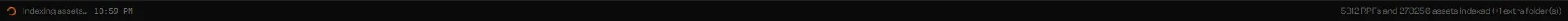 Status bar with a spinner and Indexing assets, and the RPF and asset count on the right