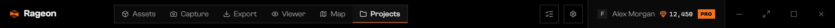 Title bar with the Rageon logo, six tabs, a Tasks button, a gear, an account chip, and window controls