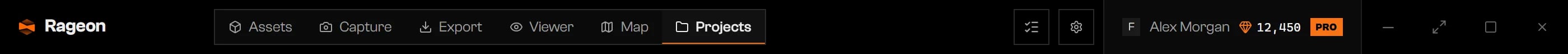 Title bar with the Rageon logo, six tabs, a Tasks button, a gear, an account chip, and window controls
