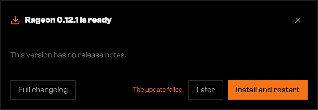 Update dialog saying This version has no release notes, with The update failed in the footer