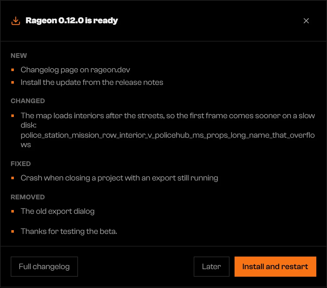 Update dialog listing New, Changed, Fixed, and Removed items with the buttons Full changelog, Later, and Install and restart