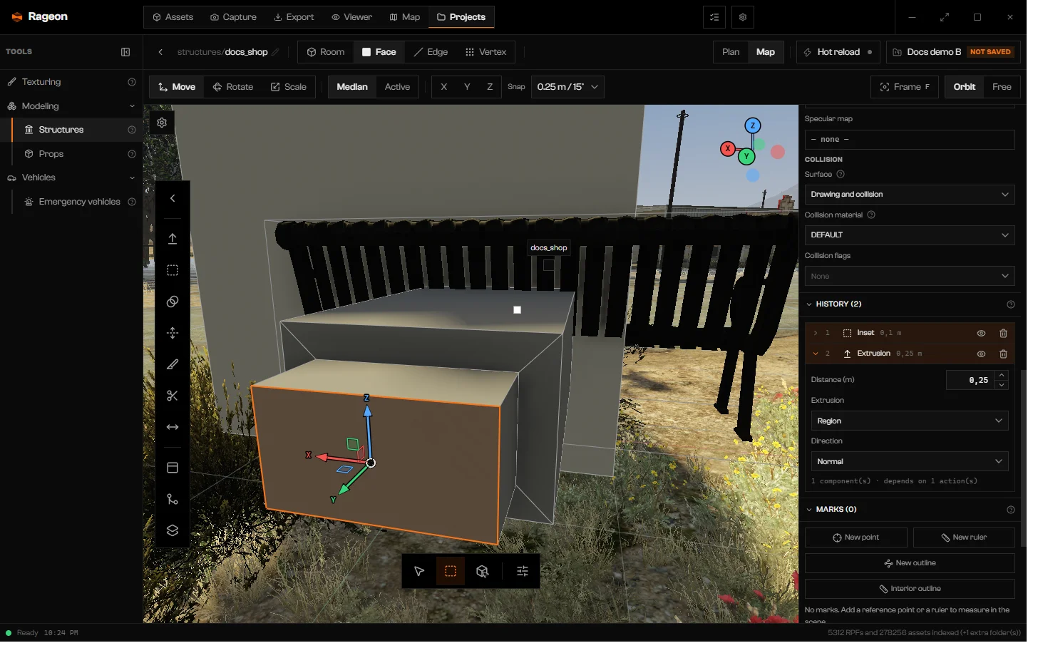 Bottom dock with Box selection active and a selected face with the move gizmo