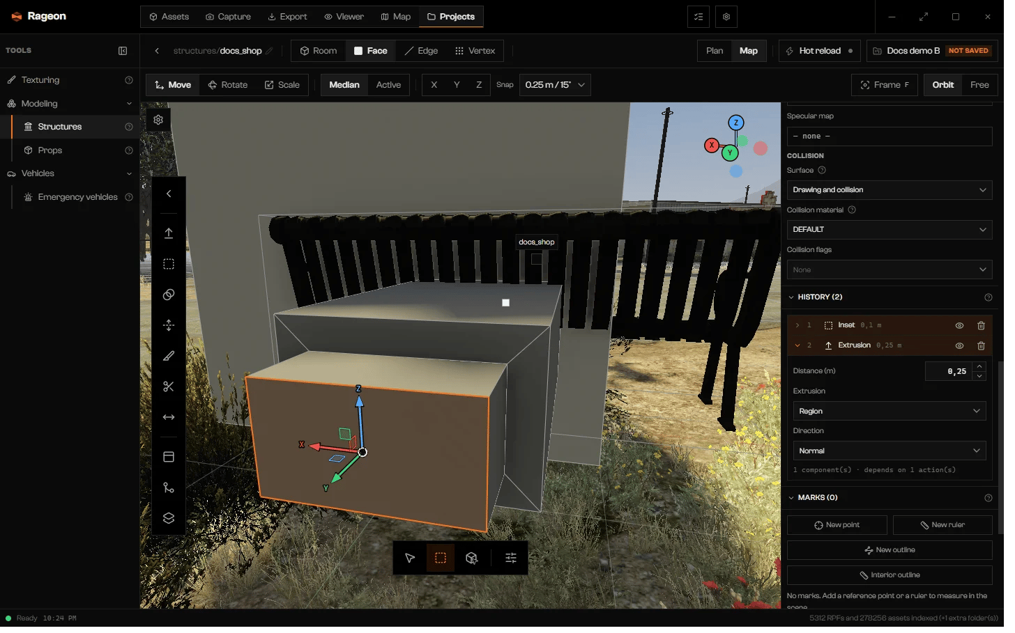 Bottom dock with Box selection active and a selected face with the move gizmo