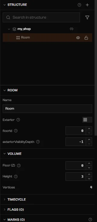 Details column with the tree and the Room section showing Name, Exterior, floorId, exterior visibility depth, Floor, Height, and Vertices