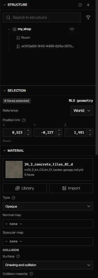 Details column with six faces selected and the Material section with a texture, Library, and Import