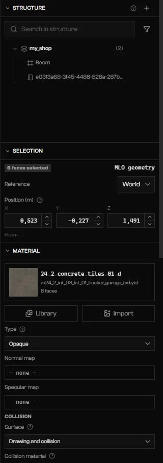 Details column with six faces selected and the Material section with a texture, Library, and Import