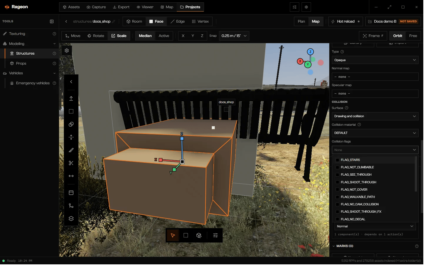Collision group with Surface, Collision material, and the Collision flags list showing FLAG_STAIRS and others