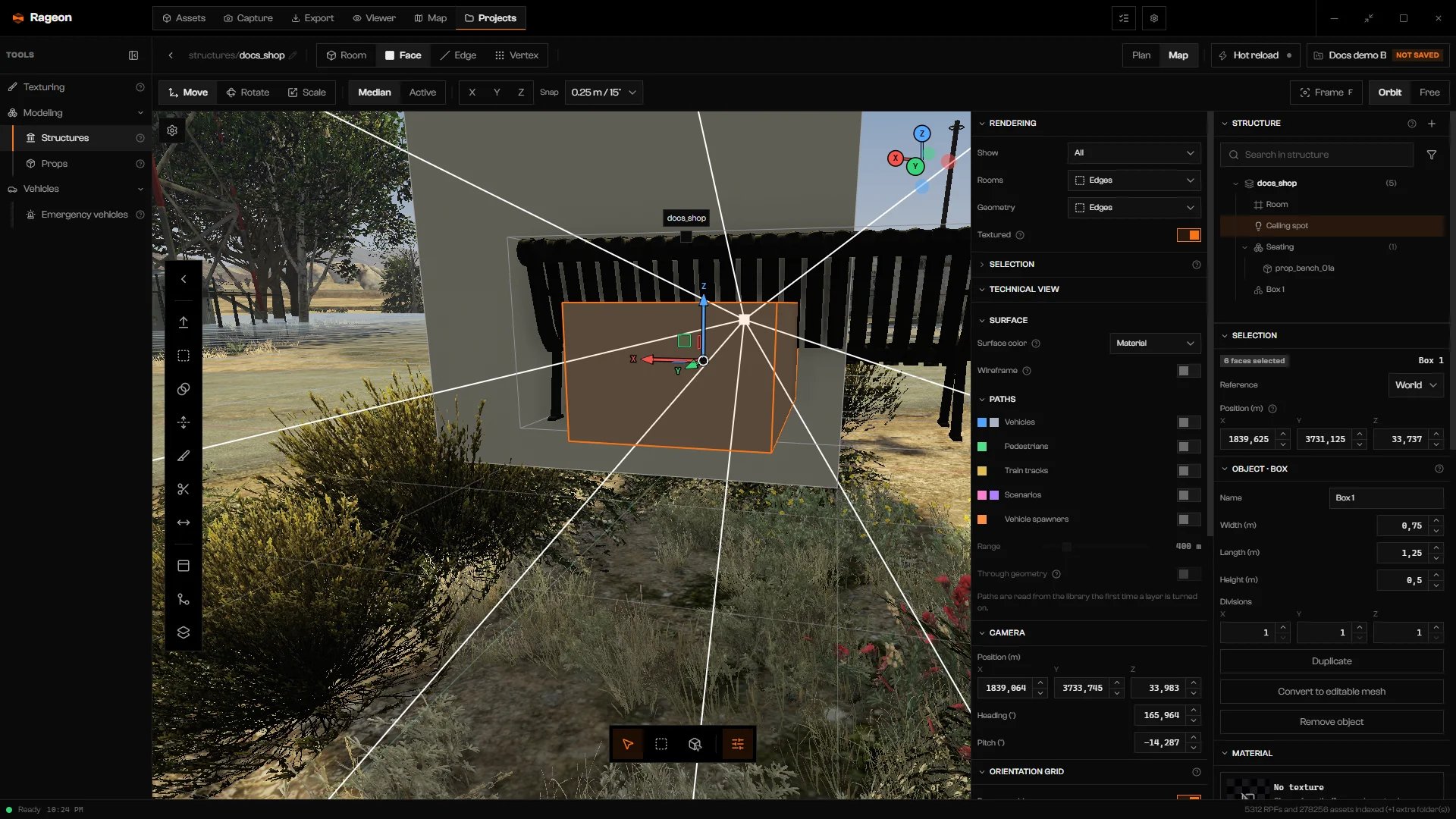 Box selected in the scene with the Modeling tools dock and the Object · Box section