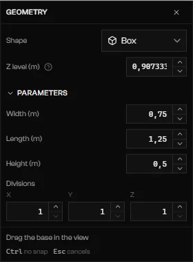 Geometry node with Shape set to Box, Z level, and Width, Length, Height, and Divisions parameters