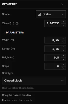 Geometry node set to Stairs with Steps 8, Stair type Closed block, and a rise and run readout