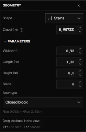Geometry node set to Stairs with Steps 8, Stair type Closed block, and a rise and run readout