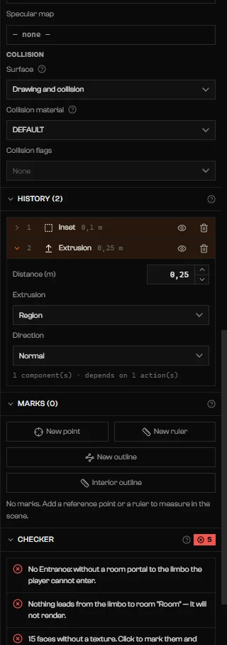 History section with two actions, Inset and Extrusion, and the Extrusion parameters open