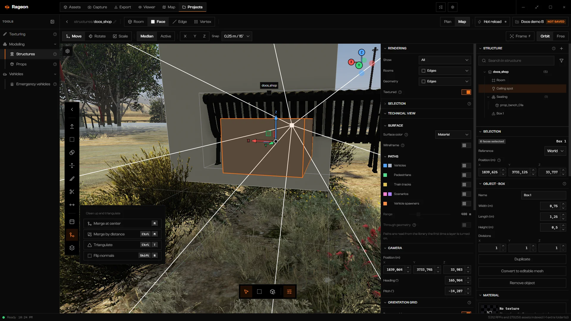 Clean up and triangulate menu listing Merge at center, Merge by distance, Triangulate, and Flip normals