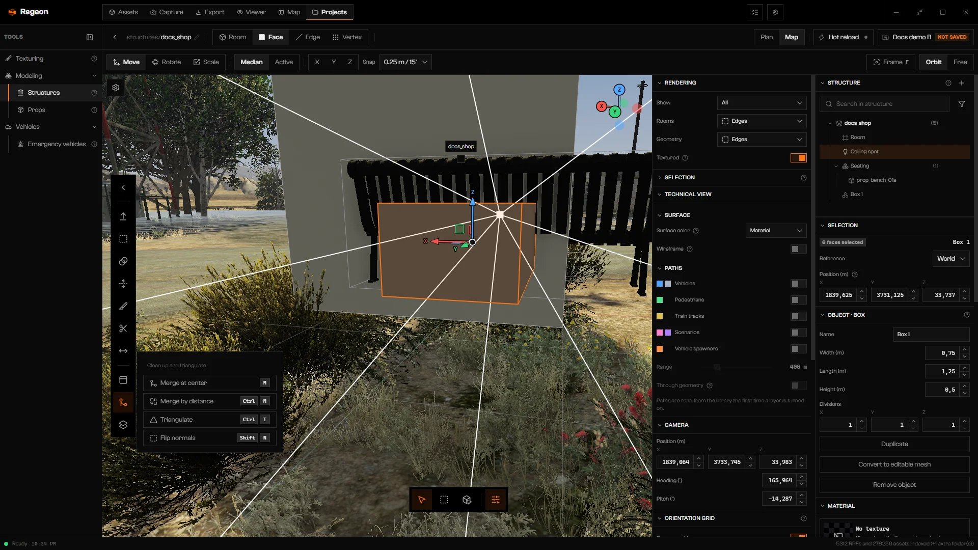 Clean up and triangulate menu listing Merge at center, Merge by distance, Triangulate, and Flip normals