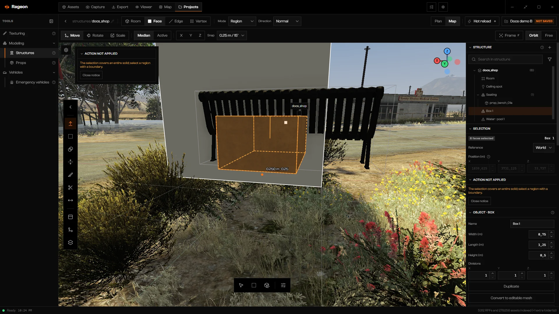 Top bar with Mode set to Region and Direction to Normal, the Extrude tool active, and a refused-action notice