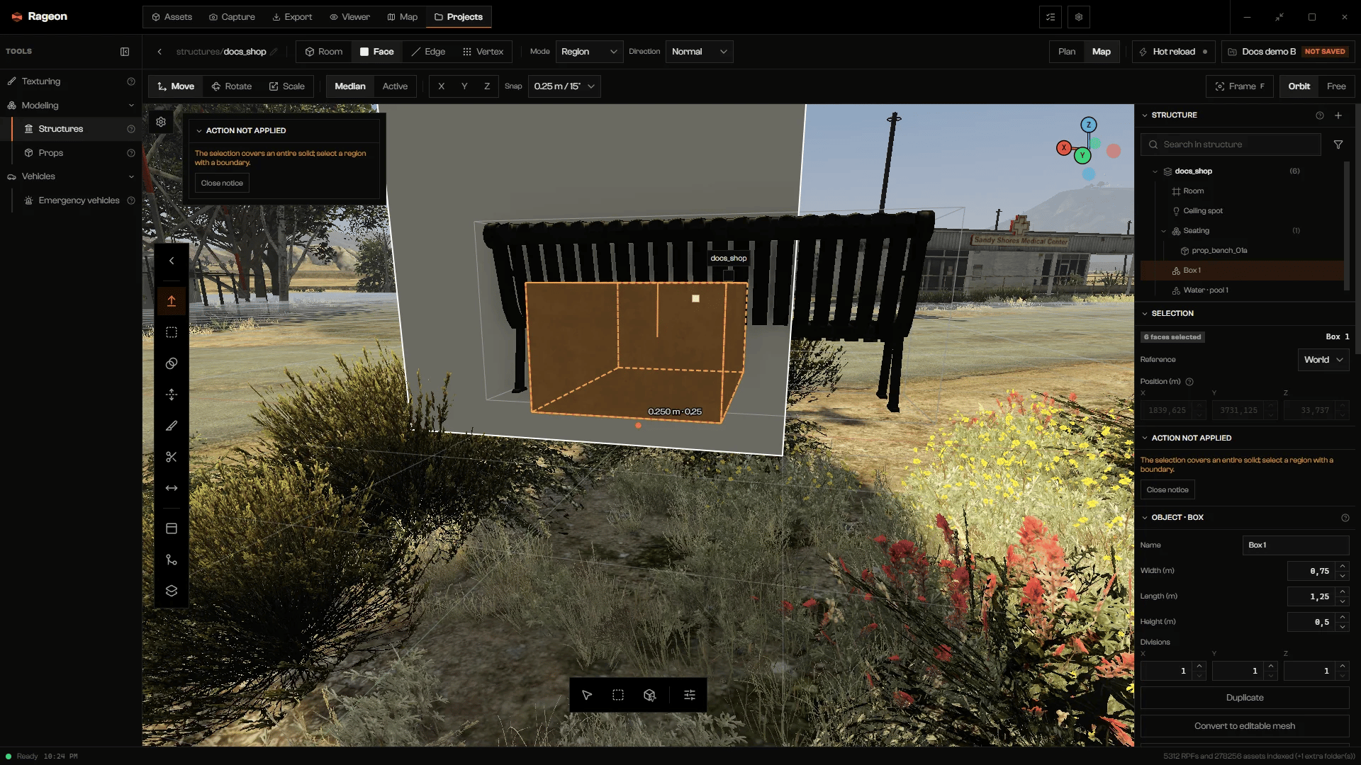 Top bar with Mode set to Region and Direction to Normal, the Extrude tool active, and a refused-action notice
