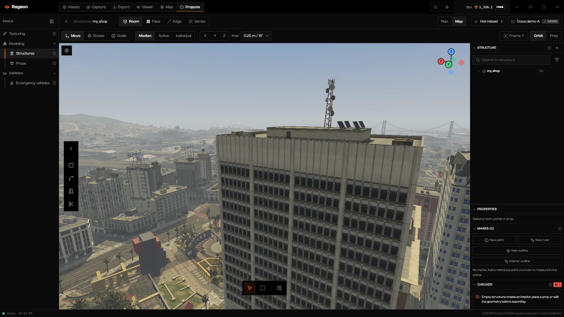 Structures editor in the Map view with an empty structure tree, the tool dock, Marks, and a Checker error