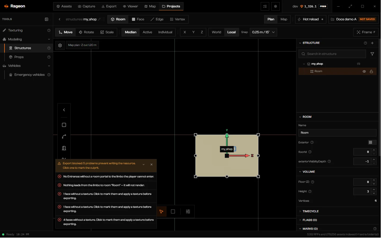Plan view with a room and a strip listing no Entrance, an unreachable room, and faces without a texture