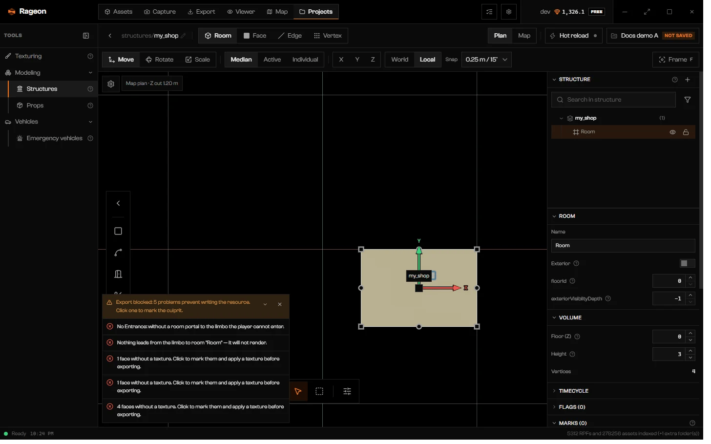 Structures editor in Plan view with a selected room, its handles, the Room sheet, and a list of blocking problems