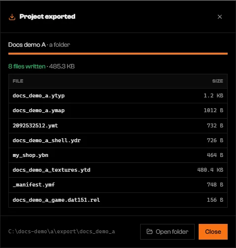 Project exported dialog with the files written for the structure