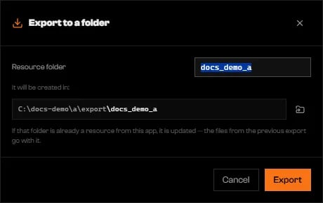 Export to a folder dialog with Resource folder, the final path, and the folder button