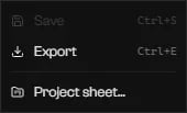 Project badge menu with Save, Export, and Project sheet…