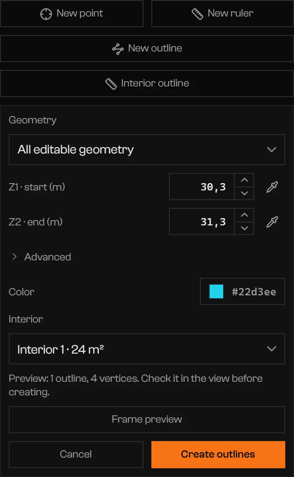 Interior outline generator with Geometry, Z1 start, Z2 end, Advanced, Color, Interior, and Create outlines