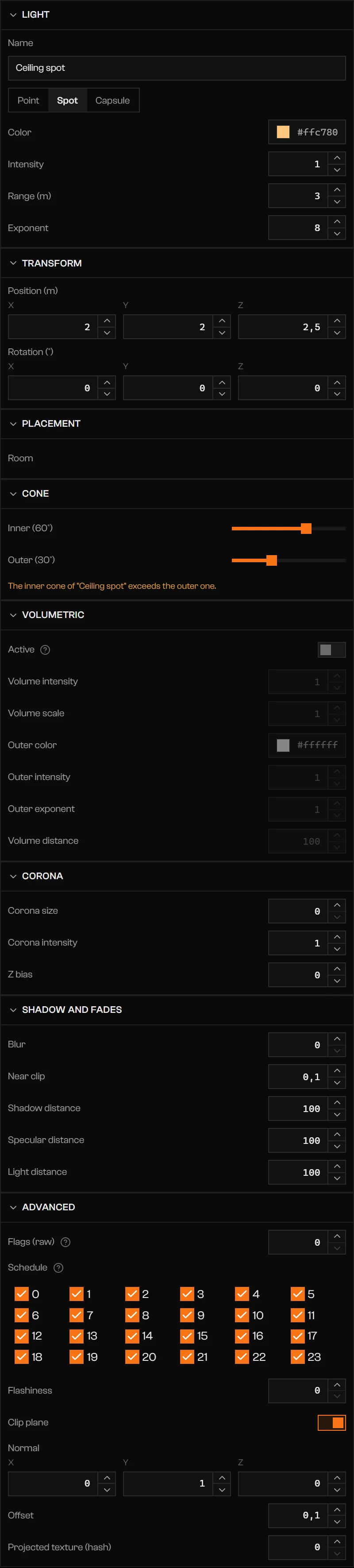 Light section list with type, color, range, cone warning, volumetric, corona, shadow, and schedule