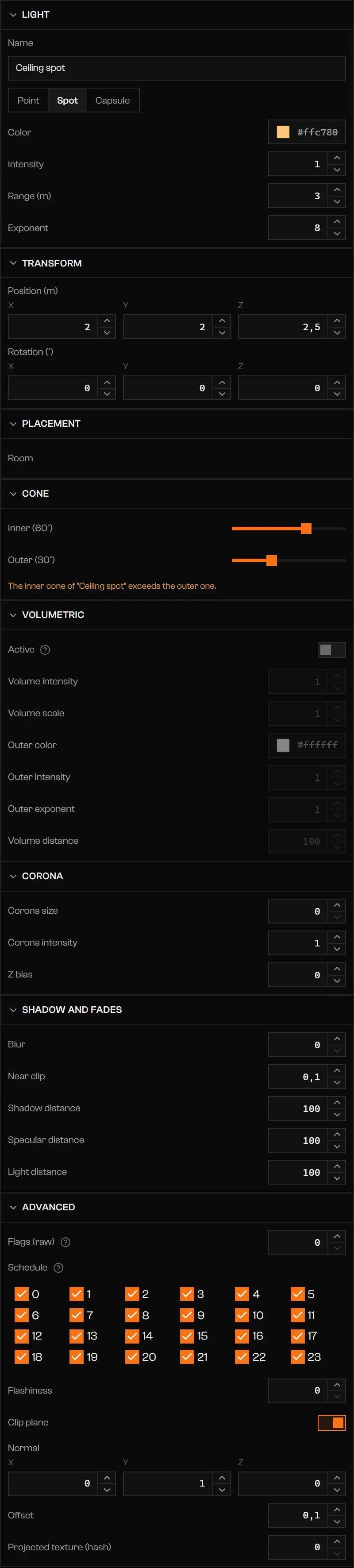 Light section list with type, color, range, cone warning, volumetric, corona, shadow, and schedule