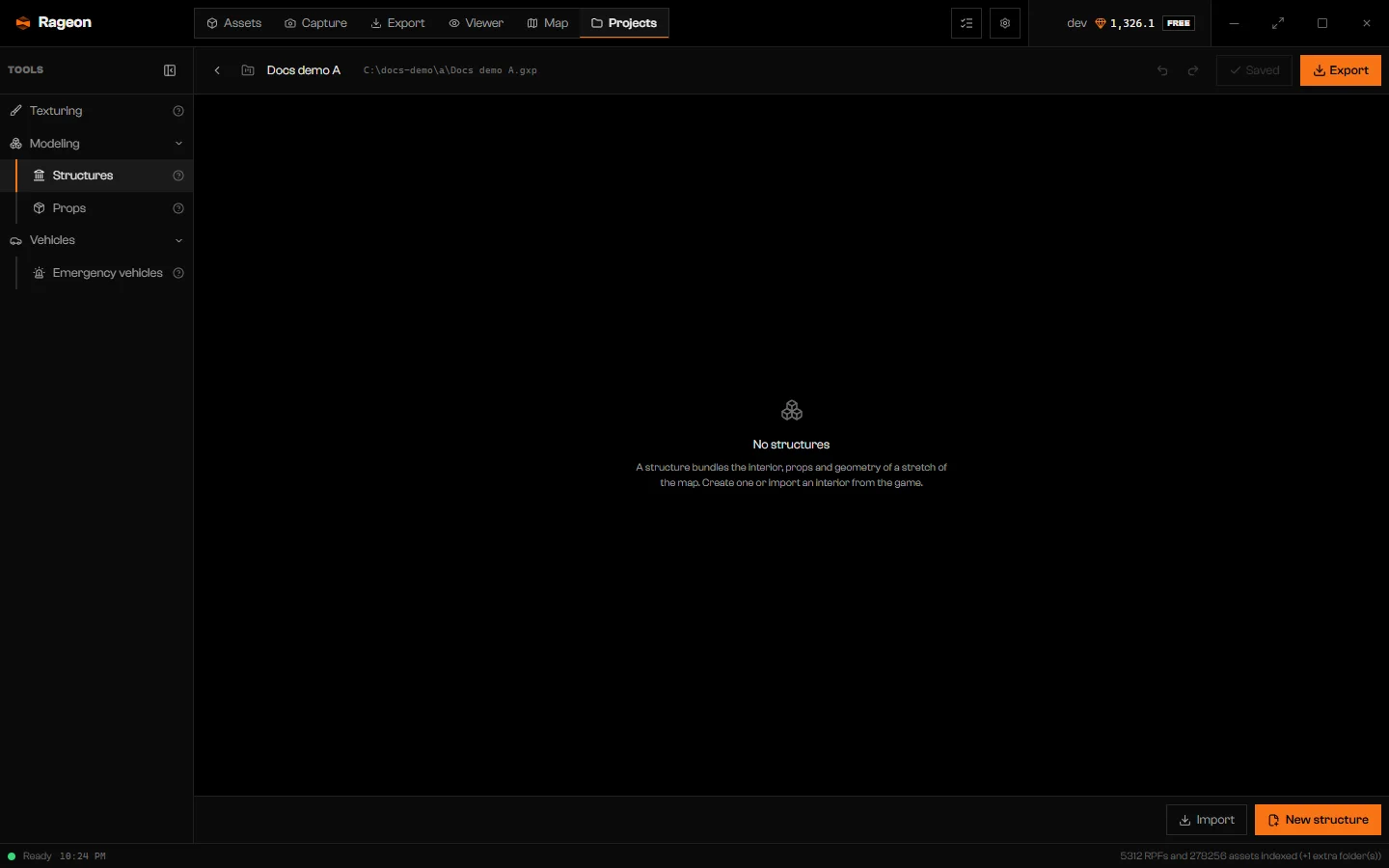 Empty structure list with the No structures message, Import, and New structure buttons