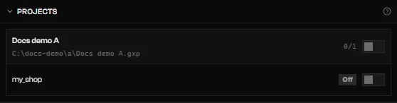 Projects section of the Add-ons tab with a project, its path, a count, and a structure with the Off badge