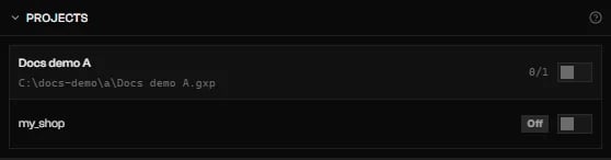Projects section of the Add-ons tab with a project, its path, a count, and a structure with the Off badge